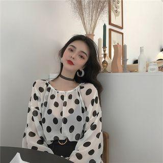 Long-sleeve Polka Dot Sheer Chiffon Top White - One Size