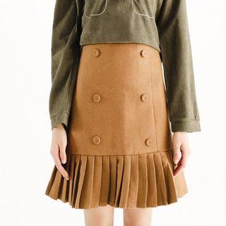 Double-breasted Pleated-hem A-line Skirt
