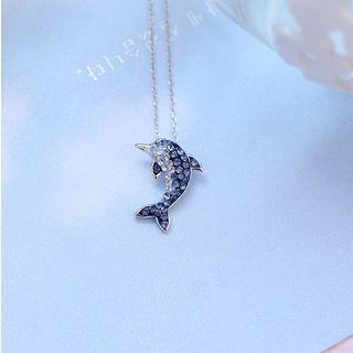 925 Sterling Silver Rhinestone Dolphin Pendant Necklace Dark Blue - One Size