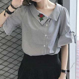 Embroidered Striped Bell Elbow-sleeve Blouse