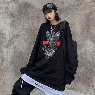 Couple Matching Long-sleeve Printed T-shirt Black - One Size