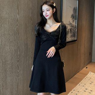 Long-sleeve Glitter Mesh Panel A-line Dress