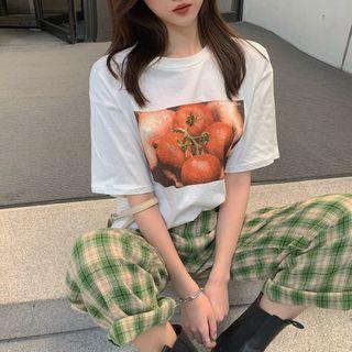 Printed Elbow-sleeve T-shirt / Plaid Straight-cut Pants