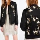 Floral Embroidery Zip-up Baseball Jacket