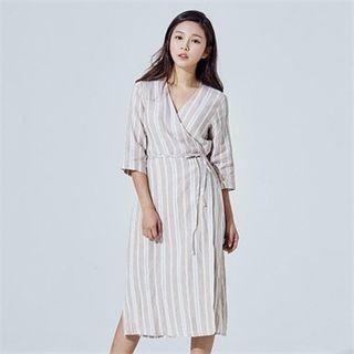 Surplice-wrap Striped Linen Dress
