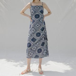 Spaghetti-strap Drawstring Paisley Long Dress