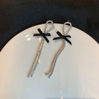 Velvet Bow Rhinestone Fringed Earring 1 Pair - Silver - One Size