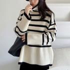 High-neck Long-sleeve Striped Knit Sweater