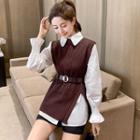 Set: Long-sleeve Shirt + Slit Sweater Vest + Belt