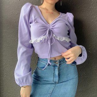 Long-sleeve Lace Trim Drawcord Crop Top