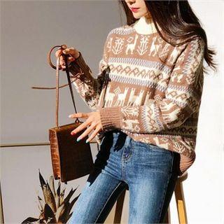Round-neck Pattern Knit Top Brown - One Size