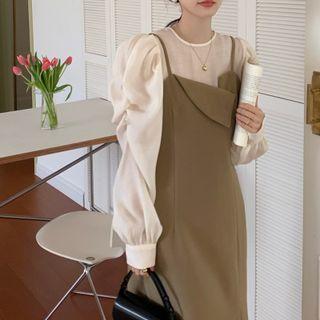 Long-sleeve Blouse / Spaghetti Strap Midi Sheath Dress