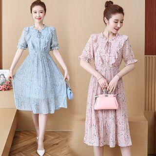 Elbow-sleeve Ruffled Floral Chiffon A-line Midi Dress