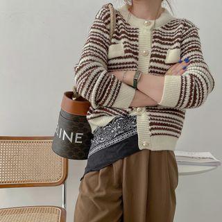 Striped Color Panel Round-neck Cardigan