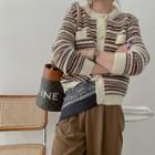 Striped Color Panel Round-neck Cardigan