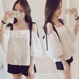 Bow Open Shoulder 3/4-sleeve Chiffon Top