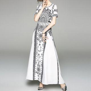 Short-sleeve Printed Maxi A-line Dress