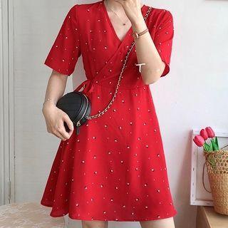 Short-sleeve V-neck Floral Side Lace Up Dress