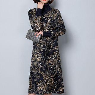 Turtleneck Printed Long-sleeve Midi Dress