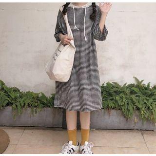 3/4-sleeve Plaid Midi Hoodie Dress Plaid - Black & White - One Size