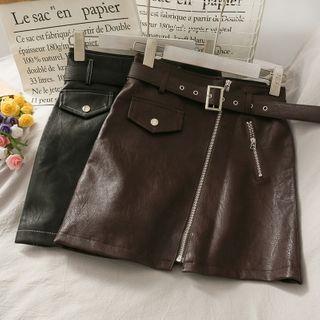 Faux-leather Zipper A-line Skirt With Blet