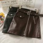 Faux-leather Zipper A-line Skirt With Blet