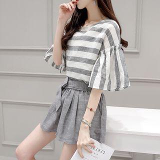 Set: Elbow-sleeve Striped T-shirt + Tie-waist Wide Leg Shorts