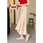 Linen Blend Asymmetric Godet Skirt Beige - One Size