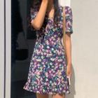 V-neck Ruffle-hem Floral Print Short-sleeve Dress Purple - One Size