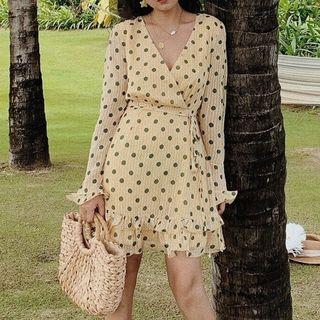 Ruffled Hem V-neck Dotted Print A-line Dress