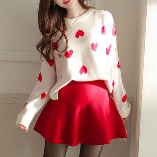Set: Heart-patterned Knit Top + Flared Miniskirt Red - One Size