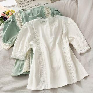 Lace-trim Puff-sleeve Plain Top