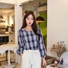 Square-neck Long-sleeve Check Top