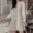 Long-sleeve Mesh-panel Tweed Mini A-line Dress