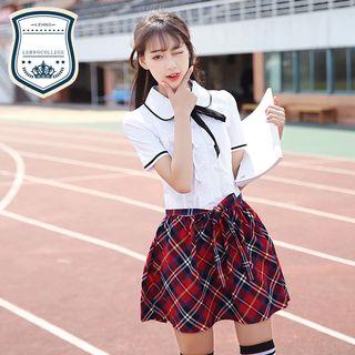 Set: Short Sleeve Shirt + Neck Tie + Pants / Set: Short Sleeve Shirt + Bow Tie + Plaid Skirt