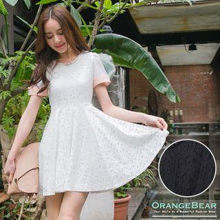 Beaded-neckline Contrast-trim Lace Dress