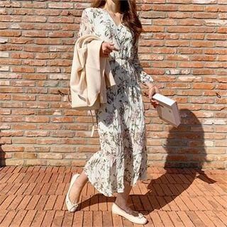 Floral Print Wrap-front Textured Dress Ivory - One Size