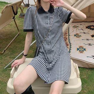 Short-sleeve Plaid Mini Dress Gingham - Black & White - One Size