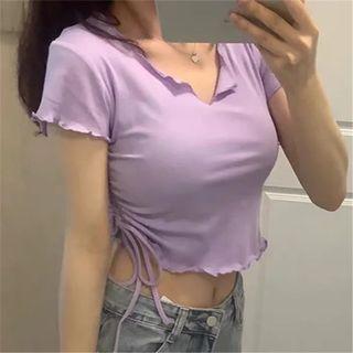Short-sleeve Drawstring Frill Trim T-shirt