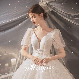 Short-sleeve Open-back Mesh A-line Wedding Gown
