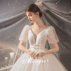 Short-sleeve Open-back Mesh A-line Wedding Gown