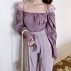 Off-shoulder Long-sleeve Blouse / Plain High-waist Pants