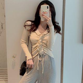 Ruffle Trim Drawstring Long-sleeve T-shirt