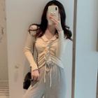 Ruffle Trim Drawstring Long-sleeve T-shirt