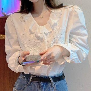 Bell-sleeve Ruffled Eyelet Blouse White - One Size