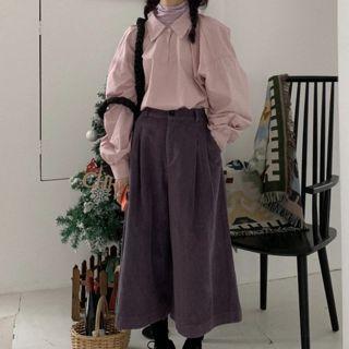 Turtleneck Long-sleeve Top / Lantern-sleeve Blouse / Cropped Wide-leg Pants