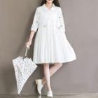 Flower Embroidered Collared 3/4-sleeve A-line Dress