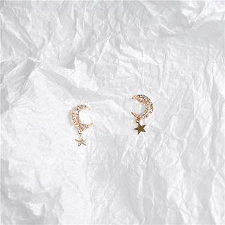 Moon & Star Rhinestone Alloy Dangle Earring 1 Pair - Gold - One Size