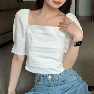 Puff-sleeve Square-neck Plain Shirt