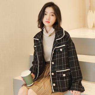 Braided Trim Plaid Buttoned Jacket Black - One Size